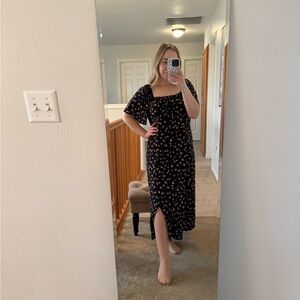 SHEIN Black Floral Square-Neck Maxi Dress with Front Slit